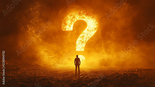 A silhouette of a small person standing before a glowing, huge question mark in a dimly lit, abstract background symbolizing uncertainty, curiosity, decision-making, and the search for answers

 photo