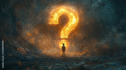 A silhouette of a small person standing before a glowing, huge question mark in a dimly lit, abstract background symbolizing uncertainty, curiosity, decision-making, and the search for answers

 photo