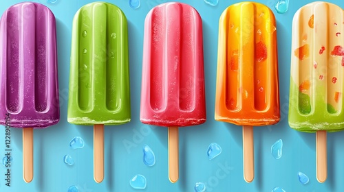 Colorful popsicles summer refreshment, blue background, food photography photo