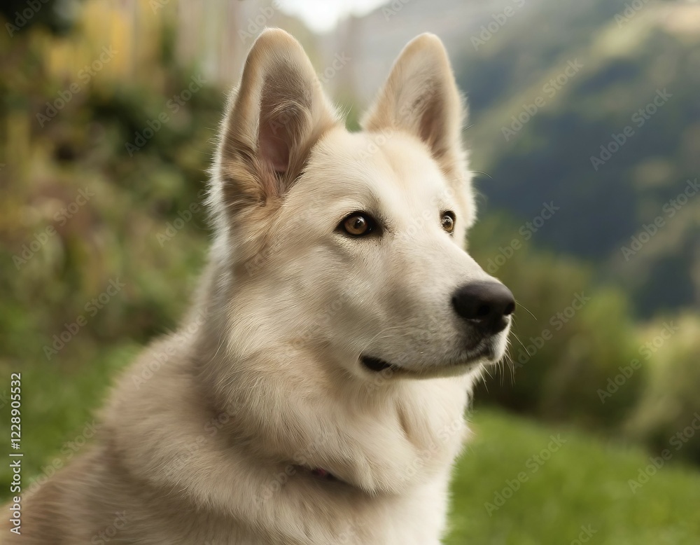 Dog, young dog, White Swiss Shepherd, Berger Blanc Suisse, recognised dog breed from Switzerland (picture KI generated), AI generated Dog, young dog, White Swiss Shepherd, Berger Blanc Suisse, recognised dog breed from Switzerland (picture KI generated), AI generated