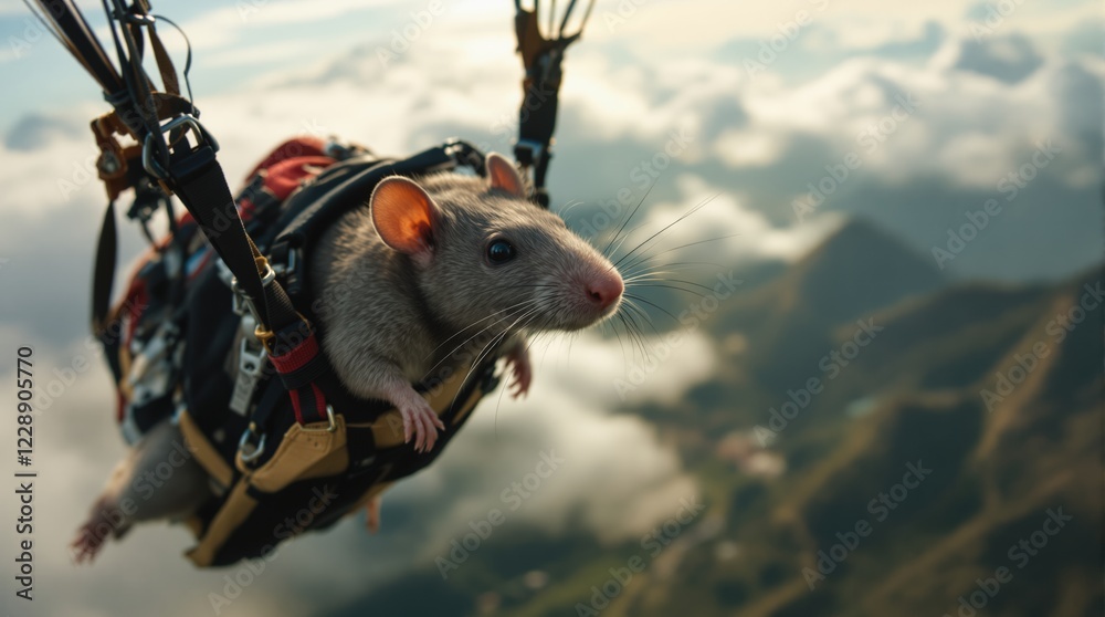 Fototapeta premium Brave Rat Soaring Through the Sky in a Tiny Parachute