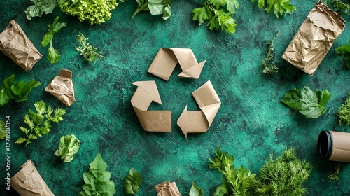 Eco-friendly recycling symbol surrounded by herbs on a green textured background; sustainable lifestyle concept photo