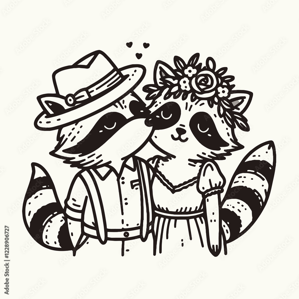 A charming illustration of two raccoons sharing a kiss, dressed in vintage attire, exuding love and affection with floral accents.