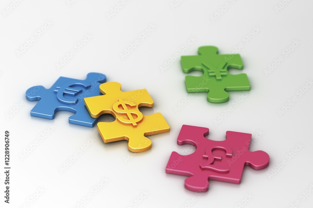 Pieces of a puzzle with different currency symbols, euro, dollar, pound and yen Pieces of a puzzle with different currency symbols, euro, dollar, pound and yen