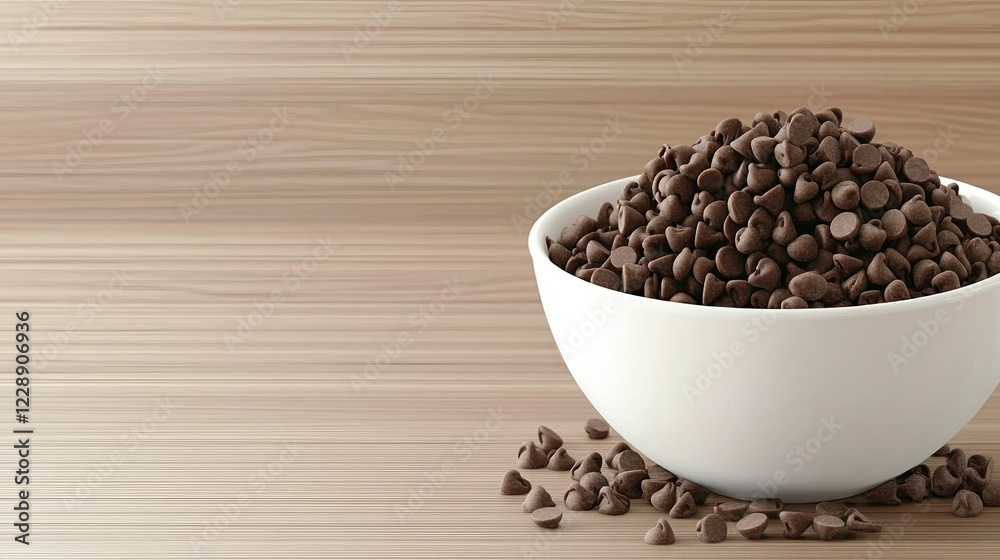 Overflowing bowl of chocolate chips on a clean wooden background, emphasizing indulgence and sweetness. Overflowing bowl of chocolate chips on a clean wooden background, emphasizing indulgence and sweetness.