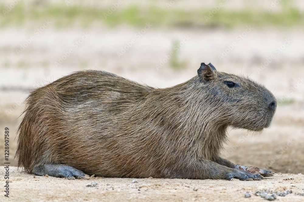 Capybara (Hydrochoerus hydrochaeris) rests relaxed on a sandbank, Pantanal, Mato Grosso, Brazil, South America Capybara (Hydrochoerus hydrochaeris) rests relaxed on a sandbank, Pantanal, Mato Grosso, Brazil, South America