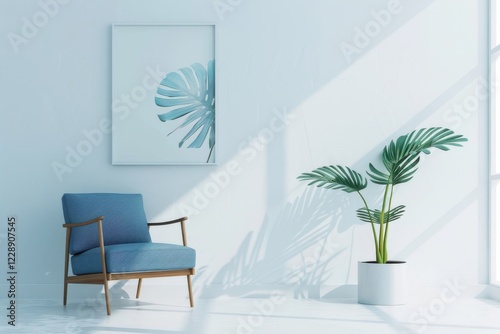 An empty white interior featuring a blue chair, a leafy monstera in a pot, and a wall adorned with a single painting.