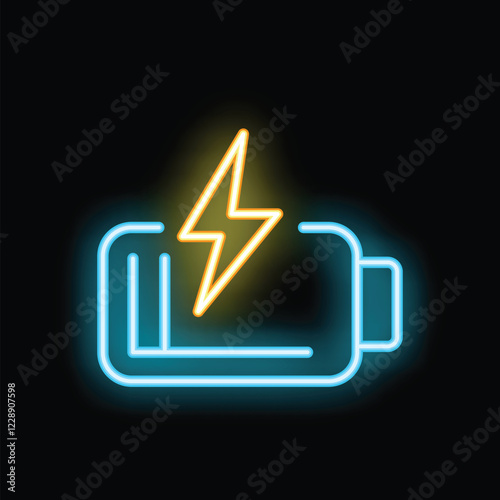 Neon battery icon glowing on dark background representing electric power and energy