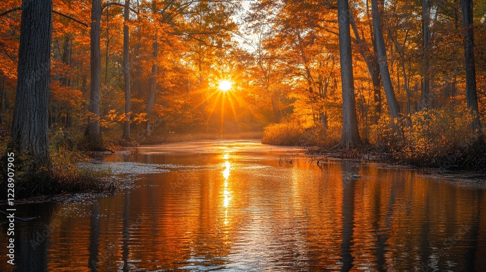 Obraz premium Autumn sunrise over tranquil forest stream, reflecting golden light