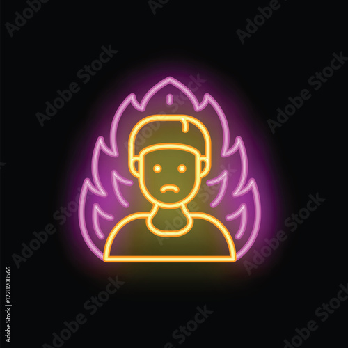 Neon style icon depicting a man surrounded by flames, illustrating burnout syndrome