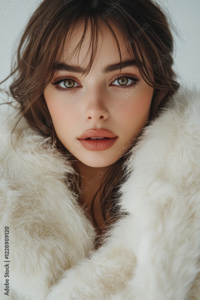 Elegant woman in white fur coat showcasing winter fashion close-up portrait Elegant woman in white fur coat showcasing winter fashion close-up portrait