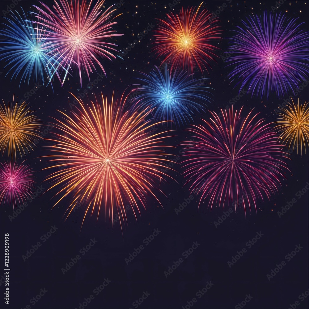 Bursting fireworks display in the night sky with vibrant colors, creating a joyful festive atmosphere, AI generated Bursting fireworks display in the night sky with vibrant colors, creating a joyful festive atmosphere, AI generated