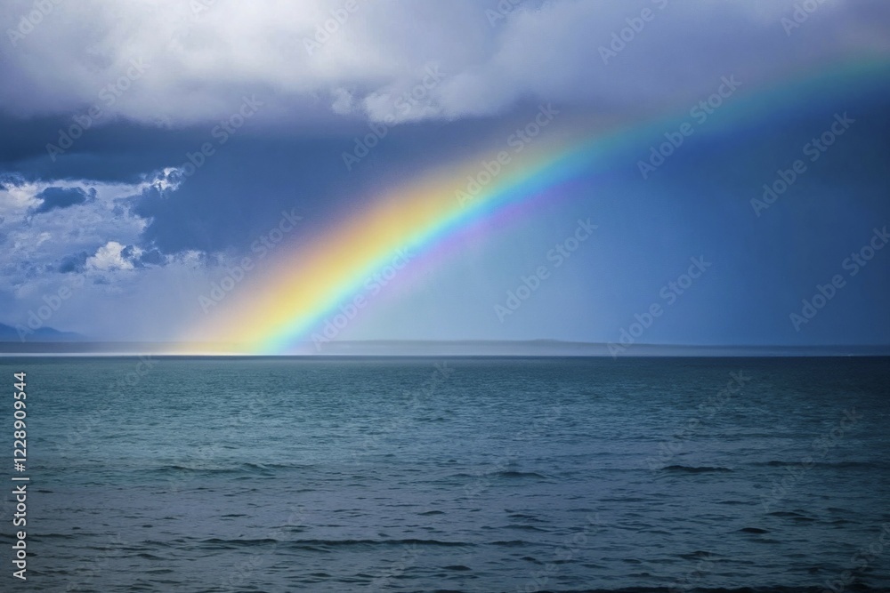 Beautiful rainbow with clouds on horizon with ocean. Generative AI, AI generated Beautiful rainbow with clouds on horizon with ocean. Generative AI, AI generated