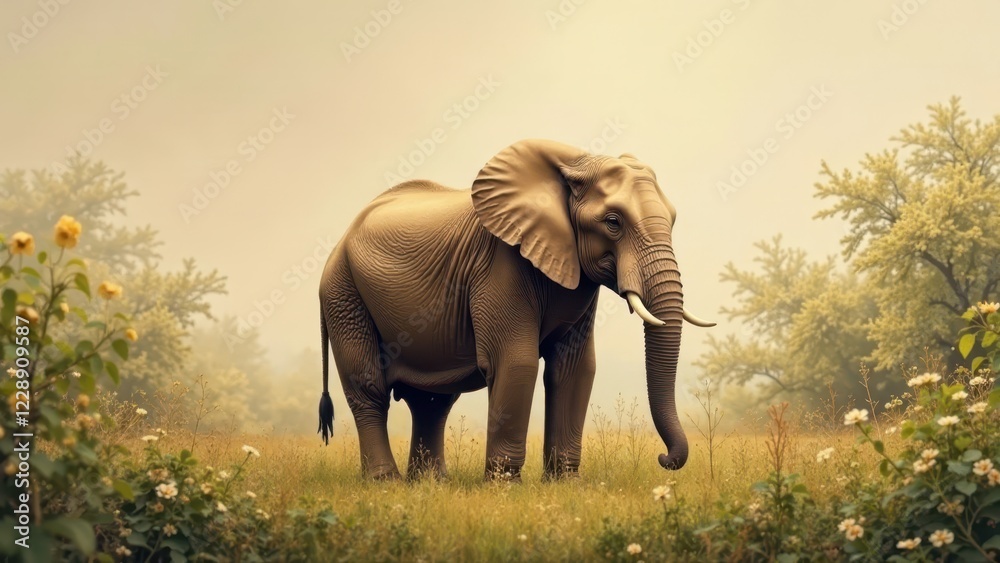 Fototapeta premium A Majestic Elephant Stands Serenely in a Misty Meadow, Surrounded by Blooming Wildflowers