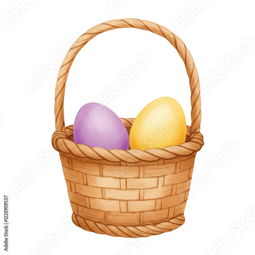 Pastel Easter Eggs in Woven Basket Spring Holiday Illustration art cute card happy bunny chick      