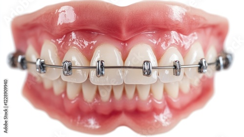 A dental-focused photo of teeth with traditional braces and archwire setup, isolated on white. photo