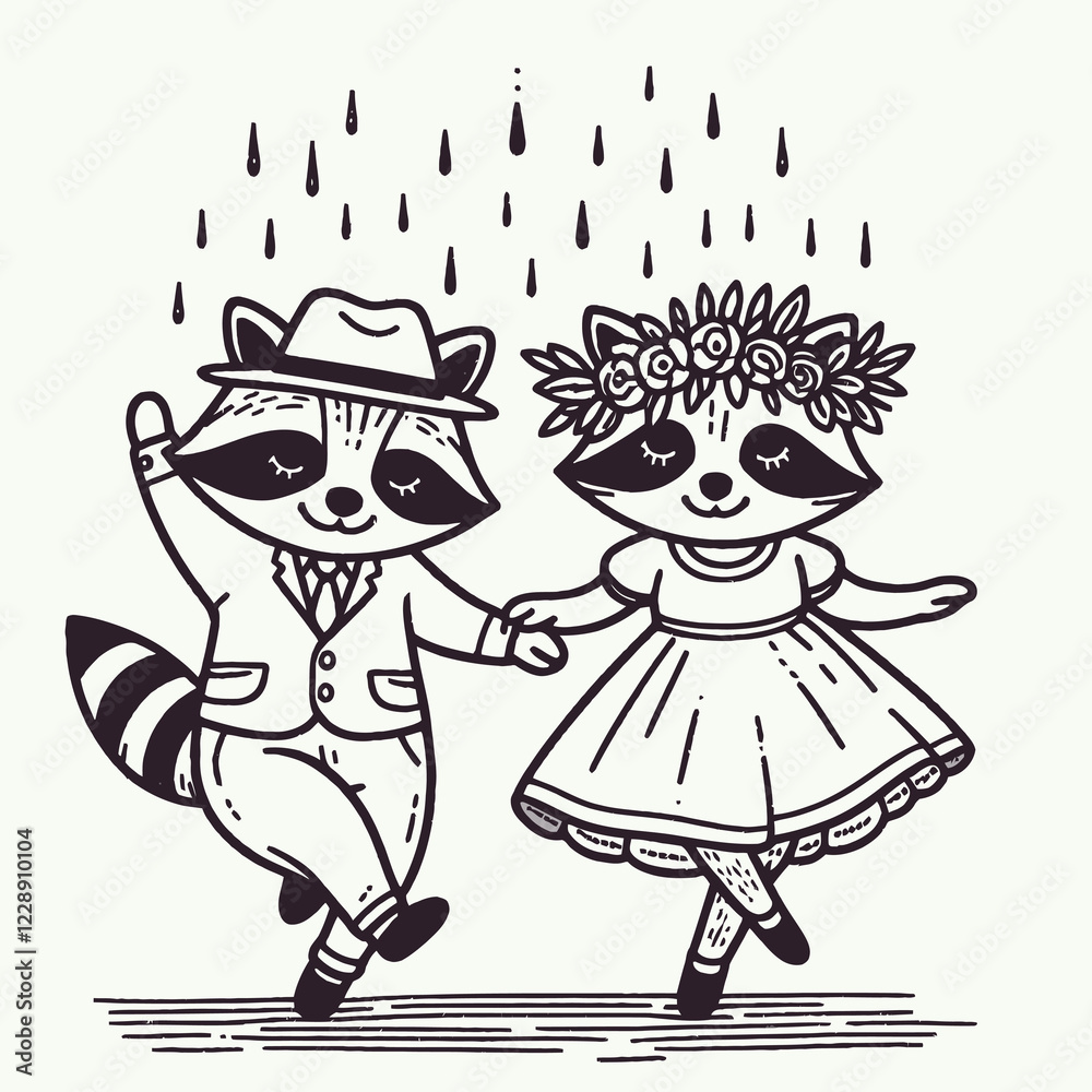 Obraz premium A charming illustration of two dancing raccoons in the rain, one wearing a hat and the other adorned with flowers, showcasing a whimsical and playful romance.
