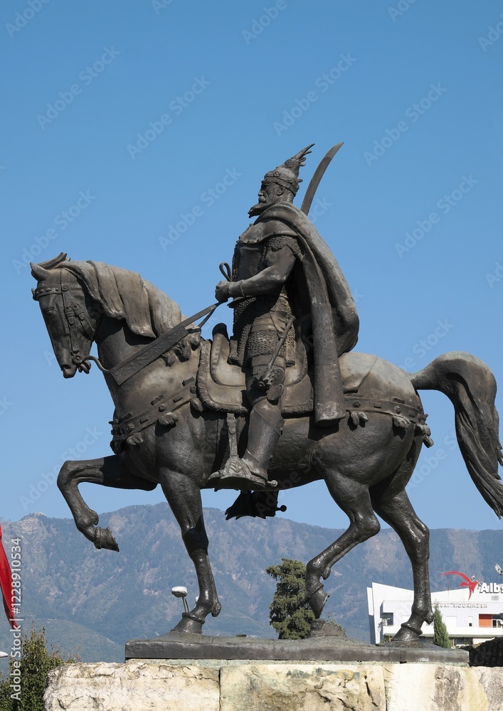 Fototapeta premium Equestrian statue of Skanderbeg, Albanian national hero, Skanderbeg Square, Tirana, Albania, Europe