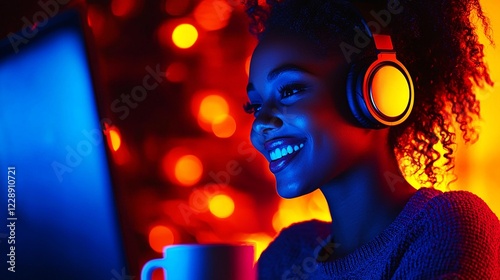 Smiling woman enjoying music while using a laptop at home.