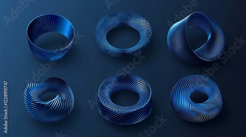 3D Blue Torus Metal Shape Set � Abstract Geometric Figure photo