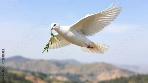 A white dove flies high above a peaceful landscape, holding an olive branch in its beak. Gentle hills and a clear sky are visible in the background. The image symbolises hope, peace and the desire for a better future, AI generated, AI generated