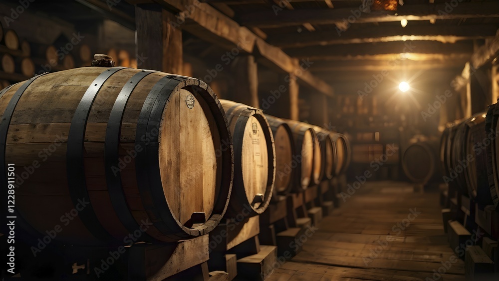 AI generated rustic wine cellar filled with wooden oak barrels AI generated rustic wine cellar filled with wooden oak barrels
