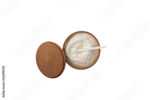 Sodium Carboxymethyl Cellulose powder, NaCMC. Food additive E466 in wooden bowl, top view. Carboxymethylcellulose; carmellose or croscarmellose. Binding agent, Thickener. photo