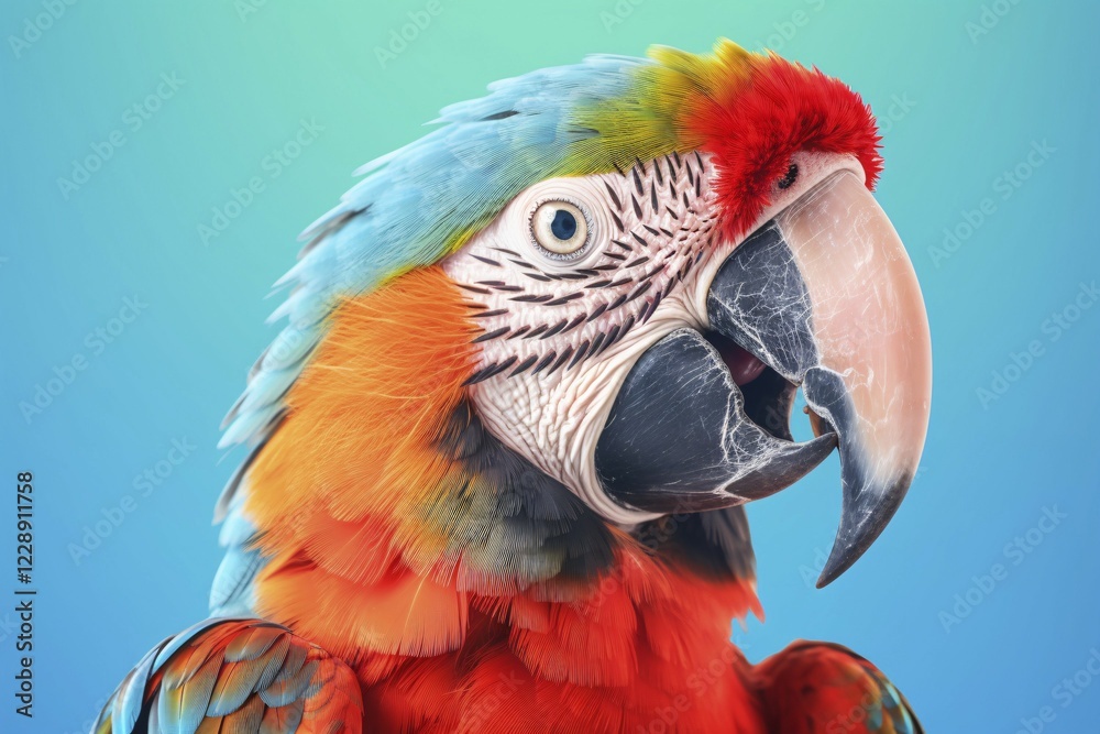 Fototapeta premium Head of colorful parrot on blue background. KI generiert, generiert AI generated