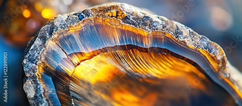 Polished tiger eye gemstone close-up with shimmering gold and brown layers.