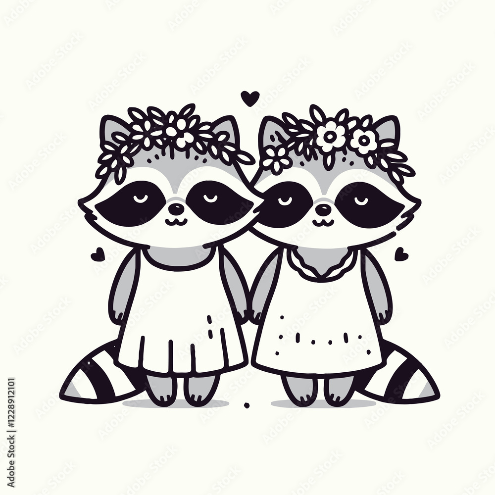 Obraz premium Two cute raccoons in floral headbands and dresses, holding hands with hearts above, exuding charm and friendship.