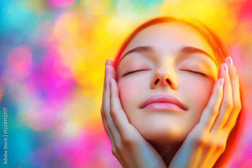 Serene Woman with Closed Eyes and Colorful Bokeh Background Embracing Tranquility and Joy Serene Woman with Closed Eyes and Colorful Bokeh Background Embracing Tranquility and Joy