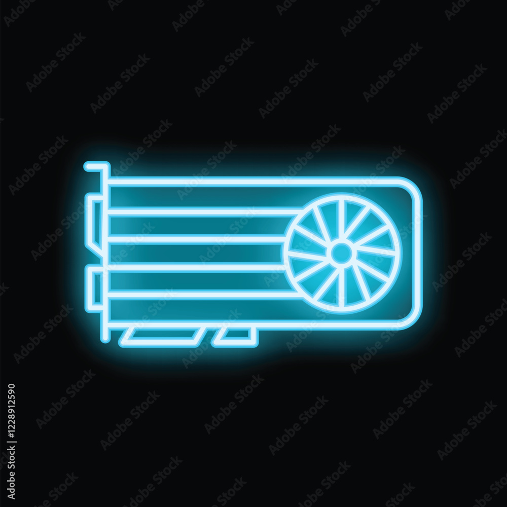 Blue neon icon of computer graphics card showing concept of gaming and cryptocurrency mining