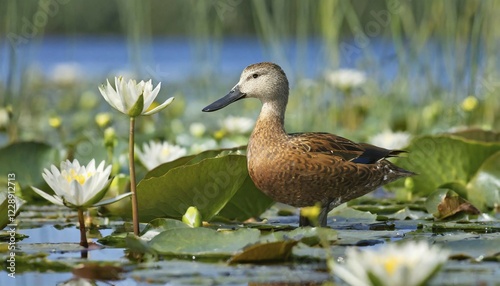 KI generated, animal, animals, bird, birds, biotope, habitat, a, individual, swims, water, reeds, water lilies, blue sky, foraging, wildlife, summer, seasons, northern shoveler (Spatula clypeata), female photo