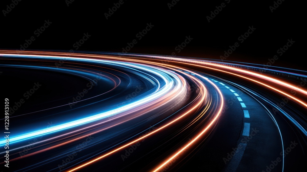 Abstract light trails of cars on a curved road at night. Abstract light trails of cars on a curved road at night.