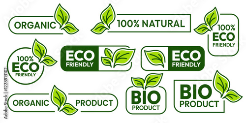 Set of eco friendly icons. Ecologic food stamps. Organic natural food labels. 100% natural, bio, vegan, green, icon, logo, badge, sticker, emblem, symbol, line, flat vector, isolated illustration.
