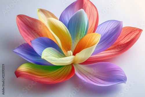 Macro image of a colorful rainbow flower with intricate petal details on a clean white background, emphasizing its unique and bold beauty
