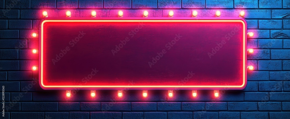 Obraz premium Retro-style neon sign with glowing lights and dark brick wall background