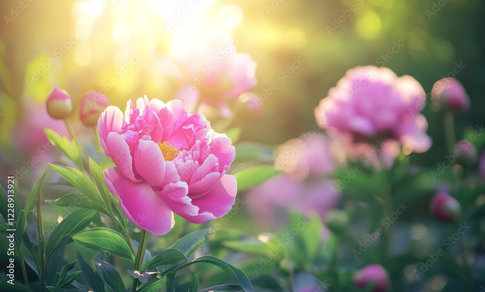 A cluster of blooming pink chrysanthemums on a background of soft green tones. The petals of the chrysanthemum are stacked in layers, with a yellow stamen in the center, which looks particularly brigh A cluster of blooming pink chrysanthemums on a background of soft green tones. The petals of the chrysanthemum are stacked in layers, with a yellow stamen in the center, which looks particularly brigh