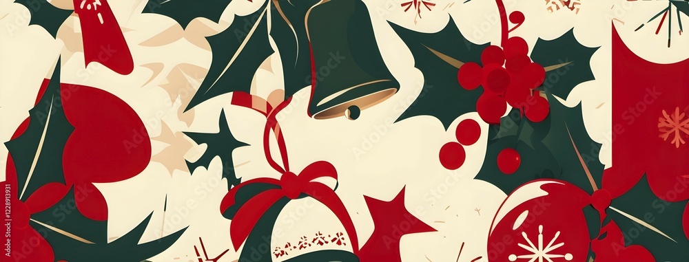 Fototapeta premium Abstract mix of traditional Christmas symbols arranged in a vibrant modern style, AI generated