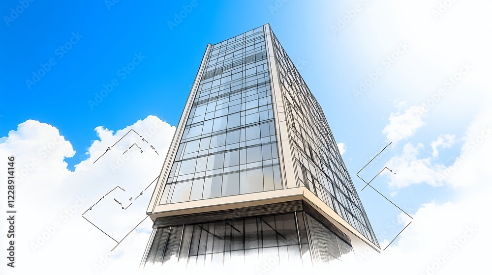 Obraz premium Abstract Pixelized Building Rendering Against A Blue Sky With Clouds