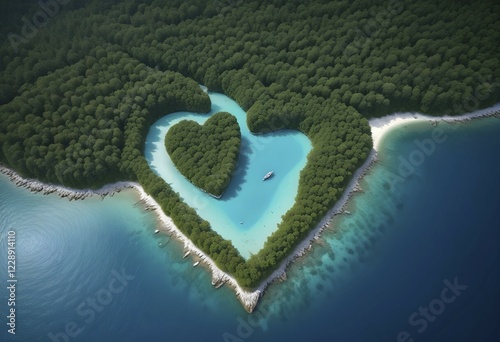Aerial view of a heart-shaped island surrounded by clear blue water and lush greenery, AI generated