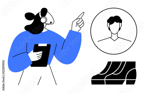 Customer service representative with headset and clipboard pointing towards customer profile and escalation diagram. Ideal for support, communication, call center, troubleshooting, assistance, help