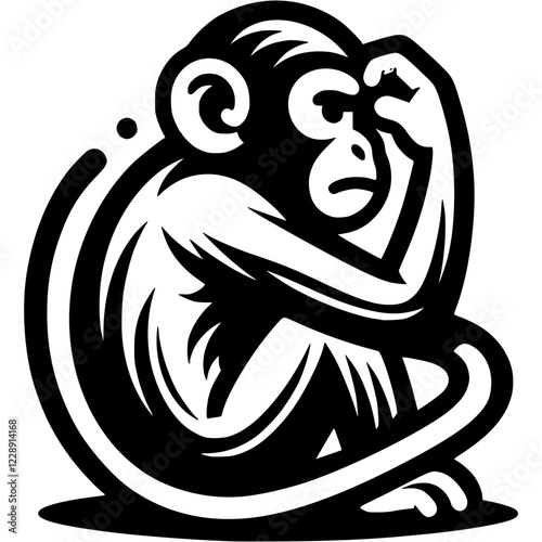 Tattoo of thoughtful monkey scratches forehead in monochrome. Intelligent humanoid primate. Engraving minimalistic vector in black ink drawing on transparent background photo