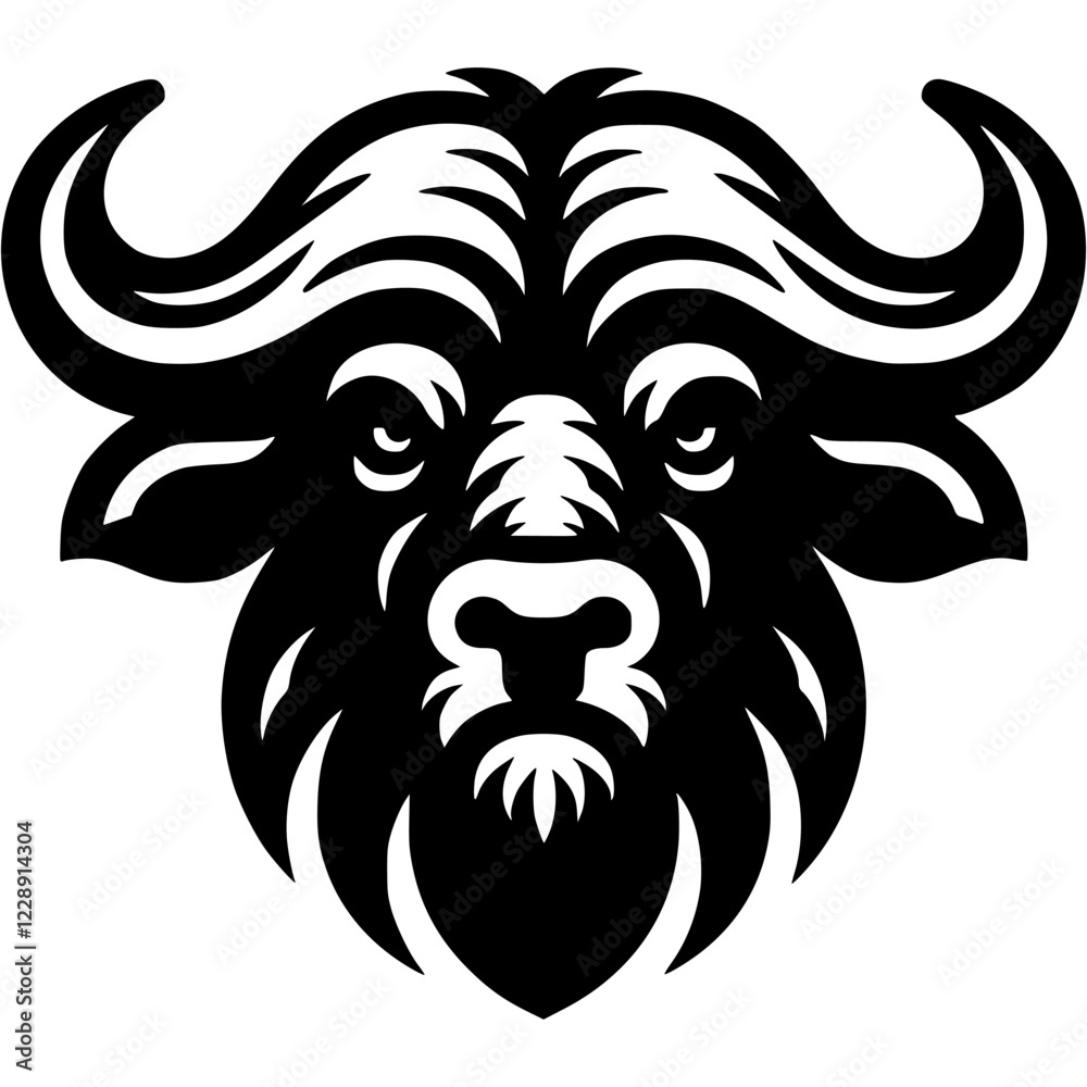 Tattoo of angry wise buffalo front view head in monochrome. Wild buffalo in madness. Engraving minimalistic vector in black ink drawing on transparent background Tattoo of angry wise buffalo front view head in monochrome. Wild buffalo in madness. Engraving minimalistic vector in black ink drawing on transparent background