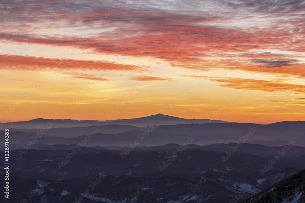 Obraz premium View of Mount Amiata in winter from Mount Nerone, Monte Nerone, at sunset, Apennines, Marche, Italy, Europe