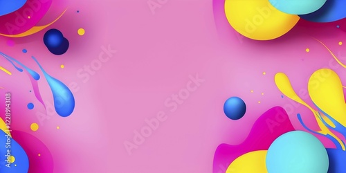 Wallpaper Mural Abstract image with colorful yellow and turquoise blobs and liquid shapes on a pink background, AI generated Torontodigital.ca