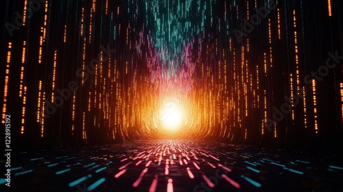 Futuristic data stream with glowing lights.