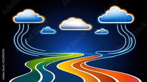Colorful abstract pathway with clouds above.