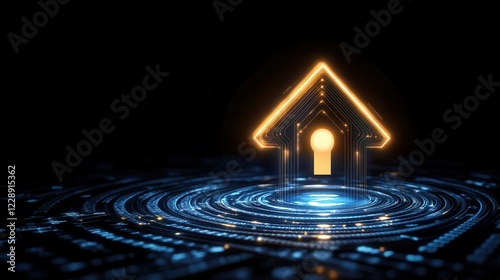 Digital house model with glowing keyhole effect.