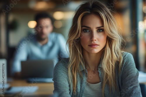 Wallpaper Mural A woman with long blonde hair sits at a desk in an office setting, thoughtfully looking into the camera while a blurred figure works in the background. She is wearing a grey shirt. Torontodigital.ca